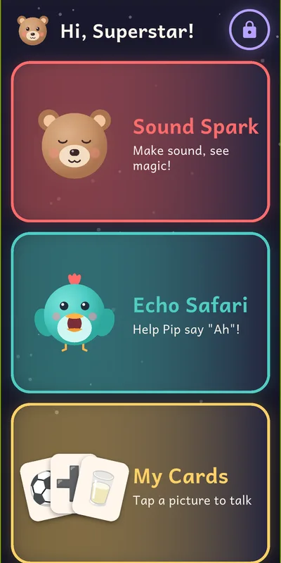The EchoSteps main screen with Sound Spark, Echo Safari and My Cards